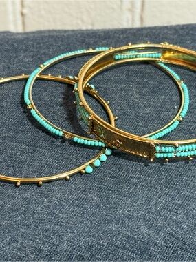 Gold-Tone Turquoise Beaded Bangle Bracelet Set - Women Jewelry